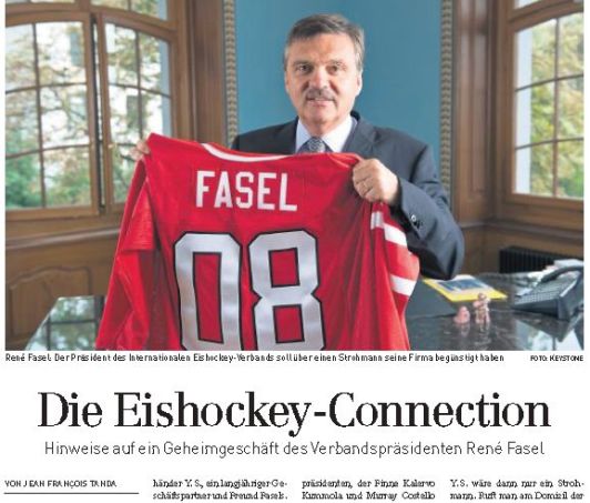 Artikel-Scan SonntagsZeitung, Jean François Tanda: Die Eishockey-Connection - Hinweise auf ein Geheimgeschäft des Verbandspräsidenten René Fasel