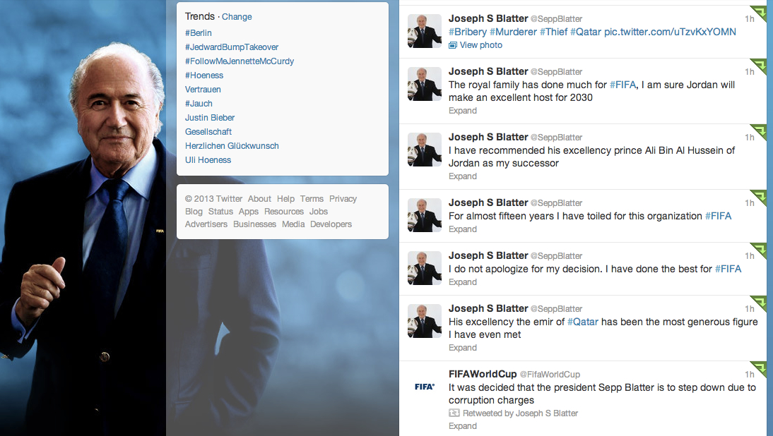 Screenshot Twitter @SeppBlatter, 22. April 2013, 20.09 Uhr MESZ