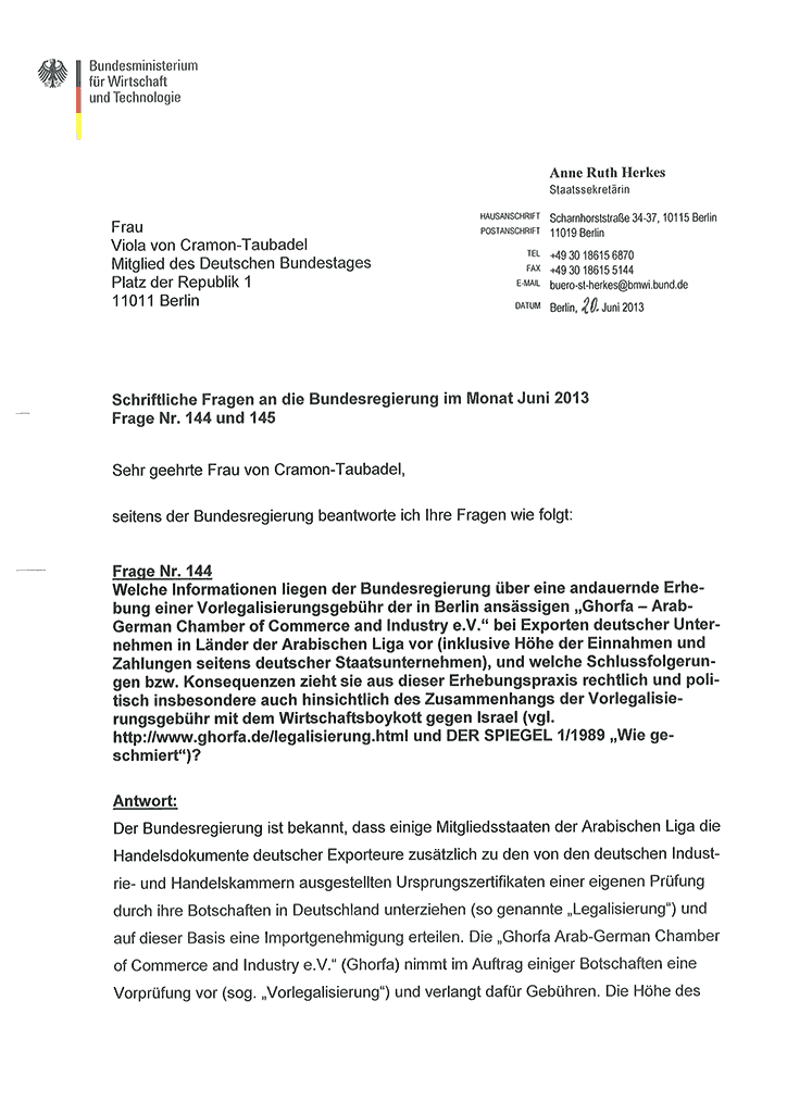 Antworten der Bundesregierung auf die Anfragen 6-2013-144 und 145 von MdB Viola von Cramon-Taubadel (Seite 1/2)