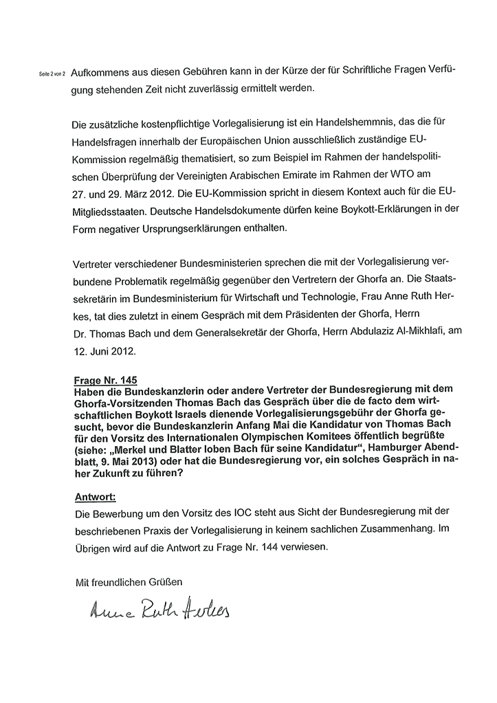 Antworten der Bundesregierung auf die Anfragen 6-2013-144 und 145 von MdB Viola von Cramon-Taubadel (Seite 2/2)