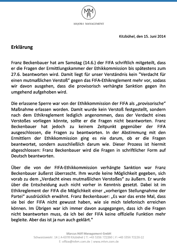 Erklärung Beckenbauers zur FIFA-Sperre, 15.06.2014