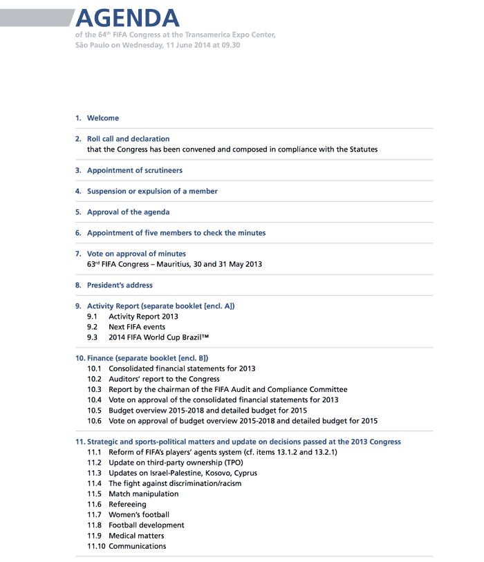 Agenda of the 64th FIFA congress, Sao Paulo, part I