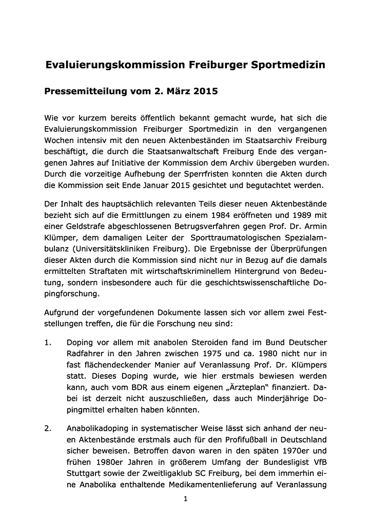 Evaluierungskommission Freiburger Sportmedizin - Pressemitteilung vom 2. März 2015; Seite 1