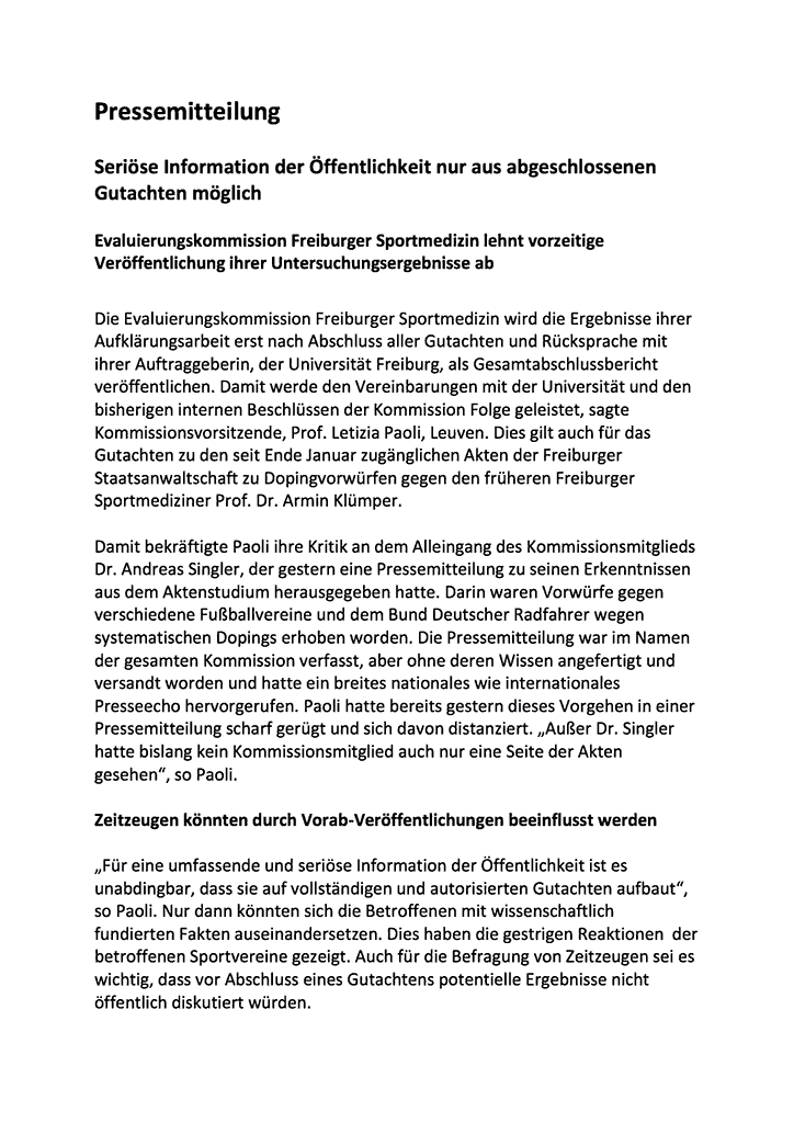 Prof. Paoli, Vorsitzende Evaluierungskommission, 2. Pressemitteilung vom 2. März 2015; Seite 1