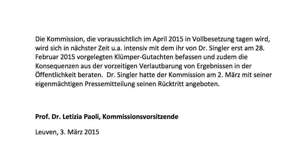 Prof. Paoli, Vorsitzende Evaluierungskommission, 2. Pressemitteilung vom 2. März 2015; Seite 2