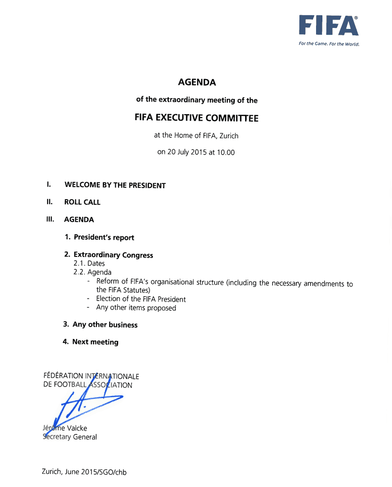 AGENDA of the extraordinary meeting of the FIFA EXECUTIVE COMMITTEE at the Home of FIFA, Zurich