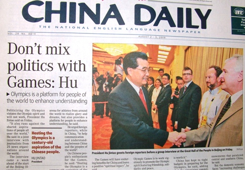 China Daily vom 02.08.2008: "Don't mix politics with Games: Hu"