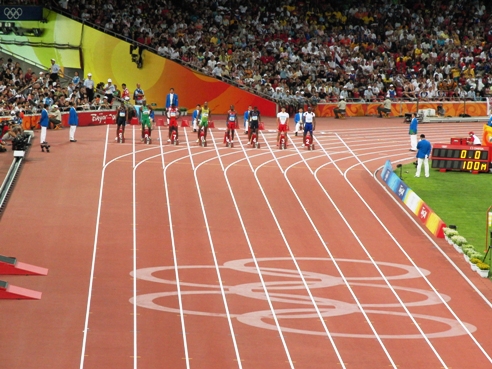 Peking 2008, Halbfinale 100m mit Tyson Gay - vor dem Start