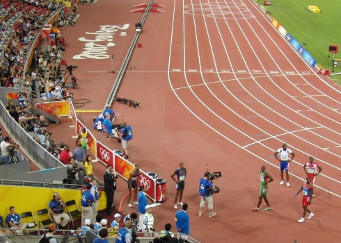 Peking 2008, Halbfinale 100m mit Tyson Gay - nach dem Rennen