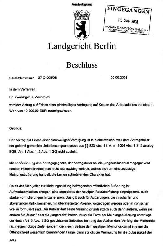 Landgericht Berlin, Dr. Zwanziger ./. Weinreich, Beschluss vom 09.09.2008 (1/2)