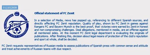 Screenshot: Official statement of FC Zenit