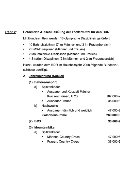 Frage 2: Detaillierte Aufschlüsselung der Fördermittel für den BDR (1/3)