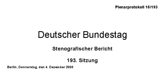 Deckblatt: Deutscher Bundestag - Plenarprotokoll 16/193, 04.12.2008