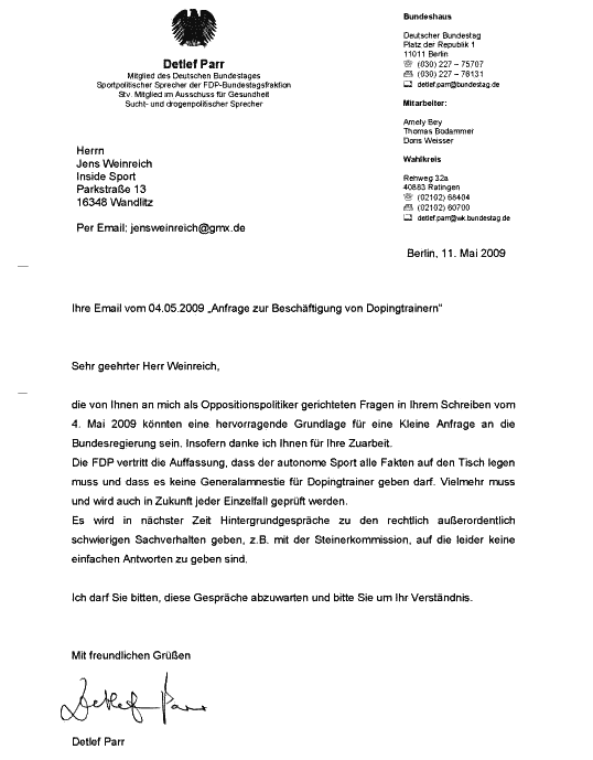 Antwort von Detlef Parr vom 11. Mai 2009 betreffs 'Anfrage zur Beschäftigung von Dopingtrainern'
