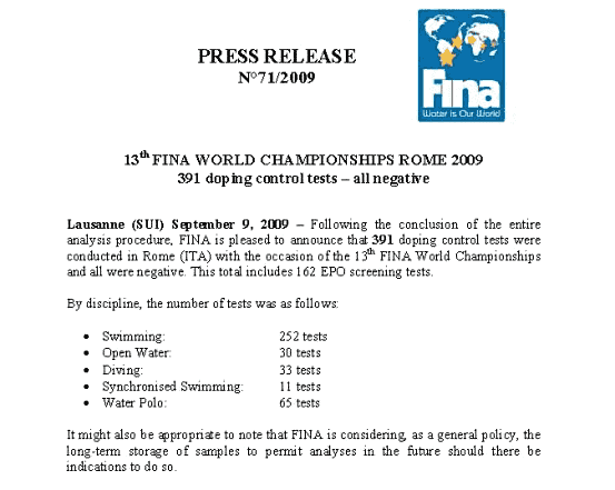 PRESS RELEASE No.71/2009, 13th FINA World Championships Rome 2009