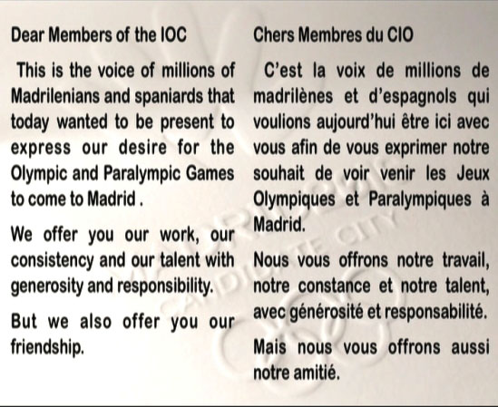 Brief an das IOC: "Dear Members of the IOC / This is the voice of millions of Madrilenians and spaniards..."