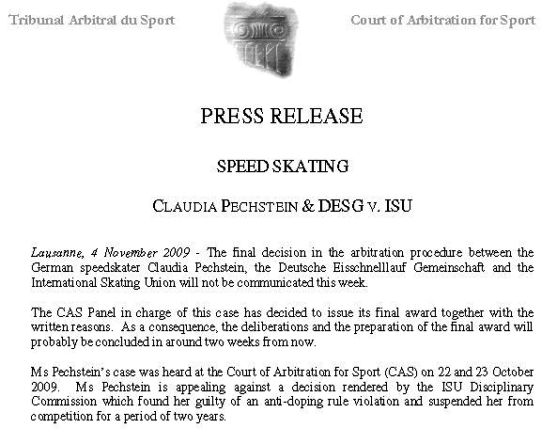 CAS PM vom 4. November 2009 - Claudia Pechstein & DESG V. IS
