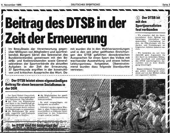 Deutsches Sportecho, 9. November 1989: "Beitrag des DTSB in der Zeit der Erneuerung" (1/2)