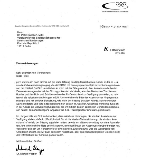 Brief von DOSB-General Vesper an den lieben Peter Danckert, Februar 2009, Betreff: Zielvereinbarungen