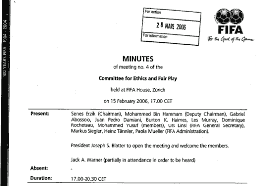 Protokoll-Deckblatt von Sitzung 4 der FIFA-Ethik-Kommission, 15.02.2006