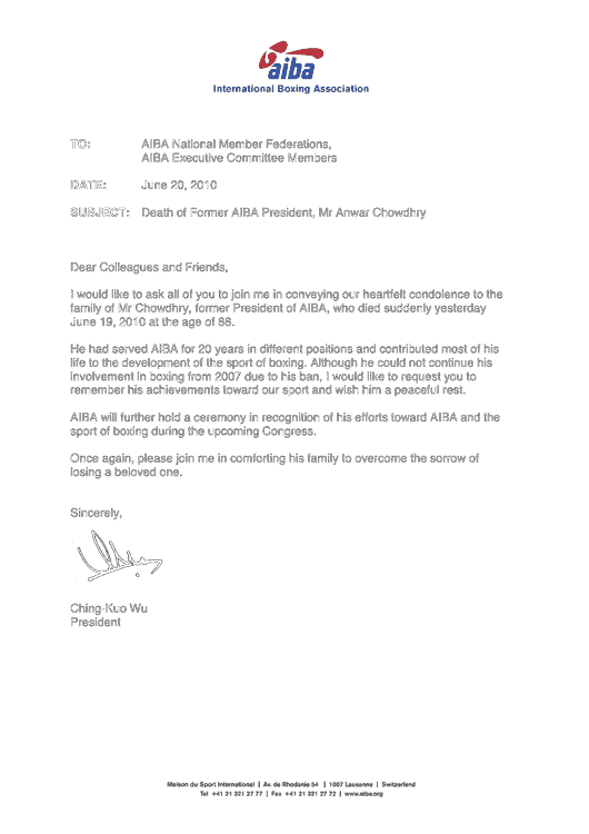 Condolence Letter from AIBA President Wu to National Member Federations, ExCo Members, June 20, 2010