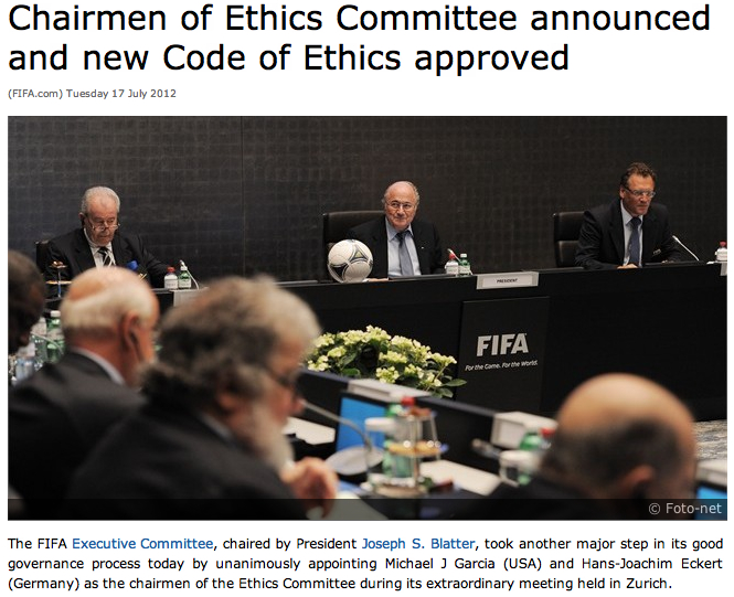 Screenshot fifa.com: "Chairman of Ethics Committee announced and new Code of Ethics approved"