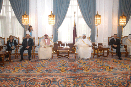 Gunilla Lindberg, Don Mario, Scheich Ahmad, Alt-Emir Hamad Bin Khalifa Al-Thani von Katar, Jacques Rogge bei den Asian Games 2006 in Doha (Foto: ANOC)