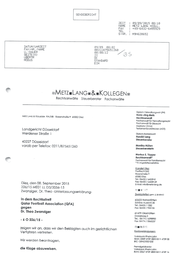 Sendebericht: Fax ans LG Düsseldorf