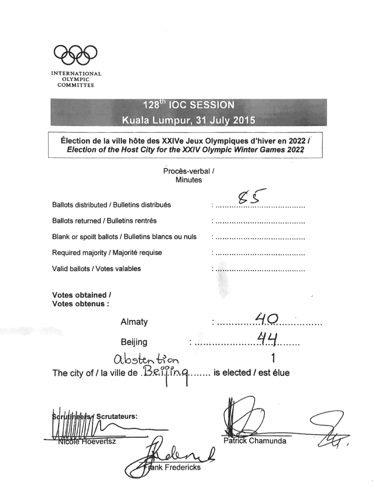 128th IOC Session - Kuala Lumpur, 31 July 2015: Election of the Host City for the XXIV Olympic Winter Games 2022