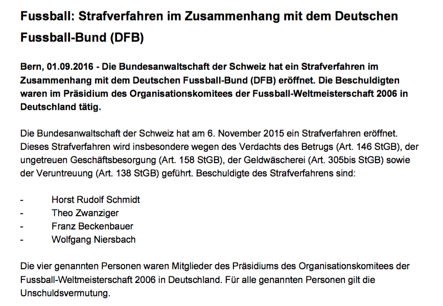 PM der Bundesanwaltschaft der Schweiz vom 01.09.2016: "Fussball: Strafverfahren im Zusammenhang mit dem Deutschen Fussball-Bund (DFB)"