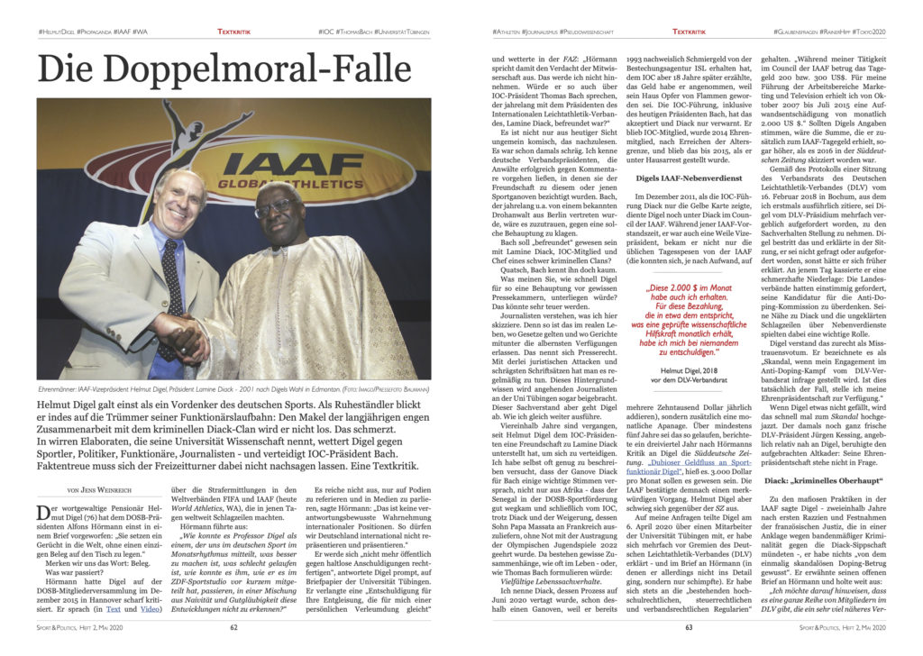 Ausschnitt aus dem Magazin SPORT & POLITICS, Heft 2, Mai/Juni 2020: die langjährigen IAAF-Funktionäre Helmut Digel und Lamine Diack beim Händedruck