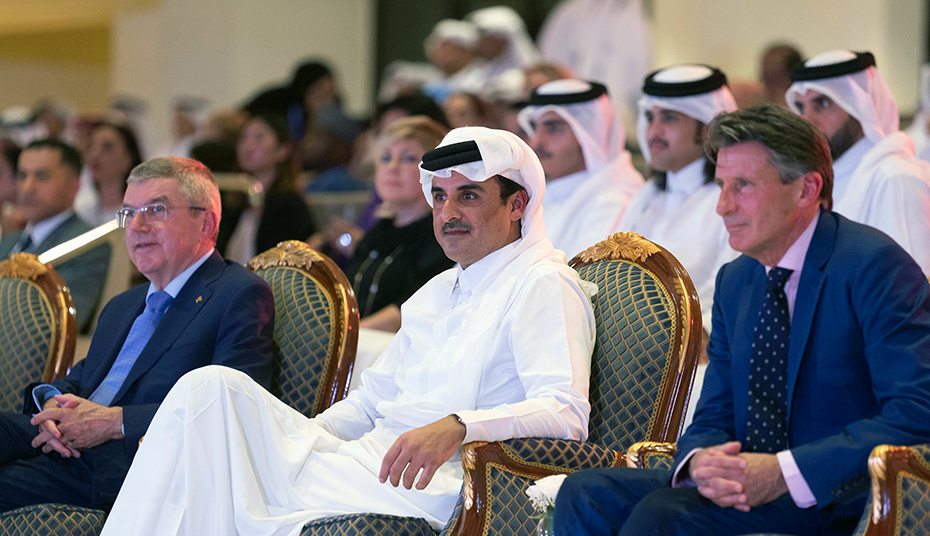 thomas bach, sebastian coe, emir tamim bin hamad al-thani, doha, qatar, olympics, powerholders, ioc, iaaf