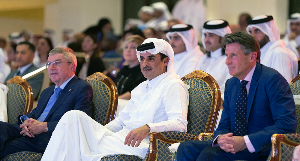 thomas bach, sebastian coe, emir tamim bin hamad al-thani, doha, qatar, olympics, powerholders, ioc, iaaf